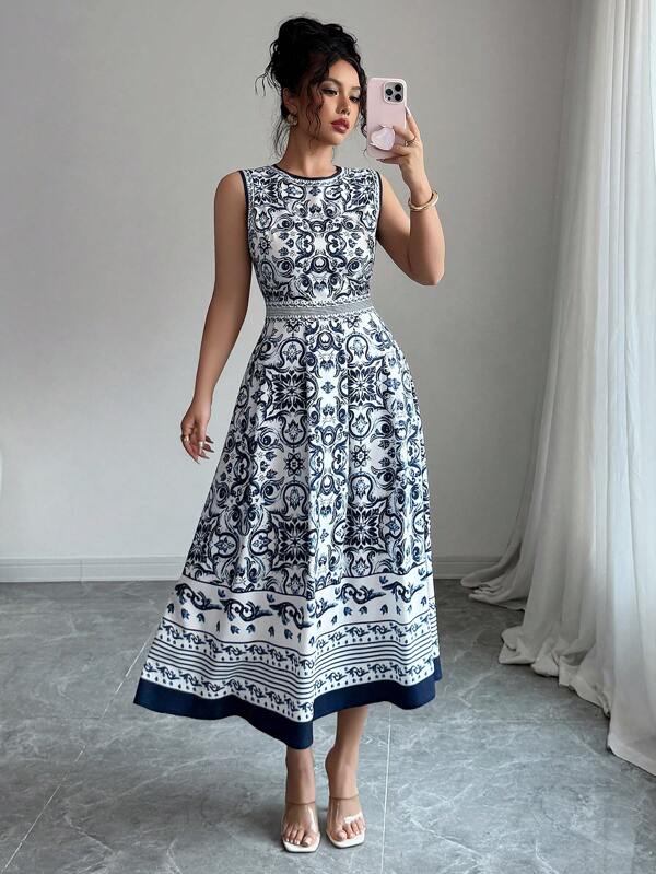Elenzga Fashion Sleeveless Auspicious Print Dress For Women