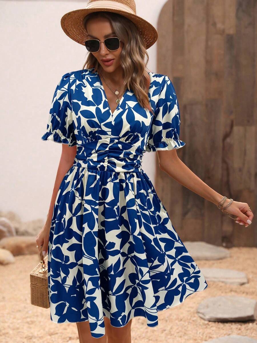 Breezaya 女士度假印花泡泡袖腰褶 A 字连衣裙 - 彩色 - 查看 1