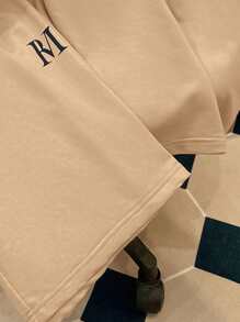 SHEIN Leap Crew 2pcs Teen Boys Casual Color Block Henley Patchwork English Print Short Sleeve T-Shirt + Letter Print Drawstring Waist Shorts Set - Khaki - View 4