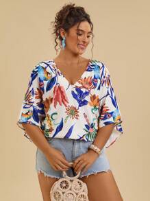 Travachic 大码女式V领花卉印花蝙蝠袖宽松度假衬衫