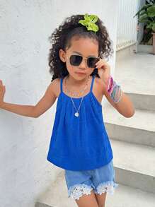 SHEIN 年轻女孩休闲/度假蓝色无袖纹理背心，适合度假、海滩 - 藍色 - 查看 6