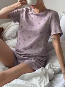 2pcs/Set Ditsy Floral Short Sleeve Top And Shorts Summer Pajama Set - Purple - View 2
