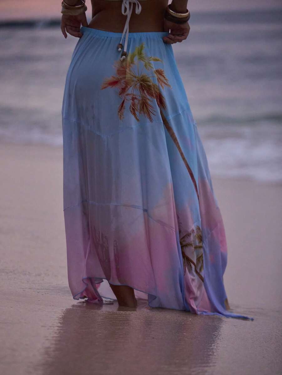 Aralina Printed Gradient Flowing Spliced Asymmetrical Hem Vacation Women Maxi Skirt , Beach - Multicolor - View 1
