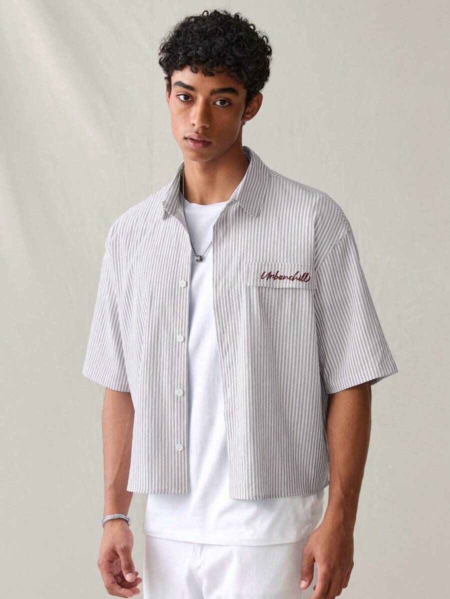 SWAVVY Men's Fashionable Casual Stripe Printed Loose Short Sleeve Shirt, Spring/Summer