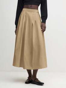 BizChic 2025 Autumn Women's Khaki Pleated Waist Slant Pocket Flared Hem Design Skirt, Elegant Business Casual Everyday Commute, Suitable For Beach Resort, Wedding Guest, Brunch, Airport, 90s Retro Style, Office Wear, Teacher Attire