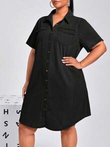 EMERY ROSE Vestido vaquero de manga corta y abotonado al frente, de color liso y talla grande, apropiado para el verano