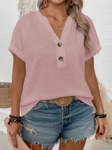 SHEIN New Plus Size Women Casual V-Neck Button Loose Raglan Sleeve T-Shirt - Pink - View 1