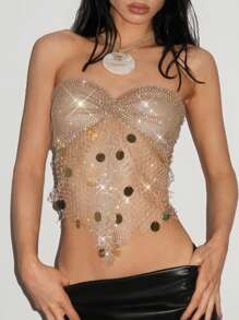EgrlEra 女士亮片拼接渔网背心，适合酒吧、派对、音乐节 - 金色 - 查看 7