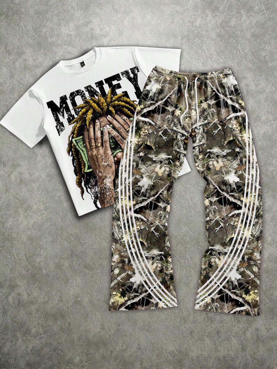 Manfinity Roghcode Streetwear Loose Fit Hip Hop Money Character Camouflage Striped T-Shirt And Pants Set - Multicolor - View 1