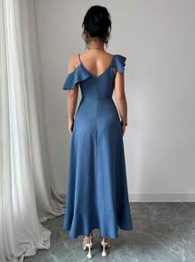 Elenzga 优雅夏季不对称荷叶边牛仔效果连衣裙 - 藍色 - 查看 2