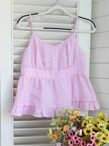 SHEIN Leap Crew Teen Girls 2pcs/Set Casual Minimalist Comfortable Ruffle Hem Camisole And Shorts Set - Pink - View 3