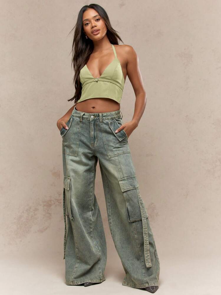 MISSGUIDED 할터넥 버클 디테일 크롭 탑 여름 페스티벌 파티 민소매 탱크 백리스 핏팅 클럽 댄스웨어