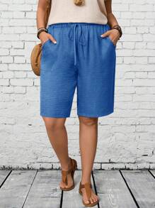 EMERY ROSE Plus Size Women Tie Waist Pockets Casual Versatile Shorts - Blue - View 1
