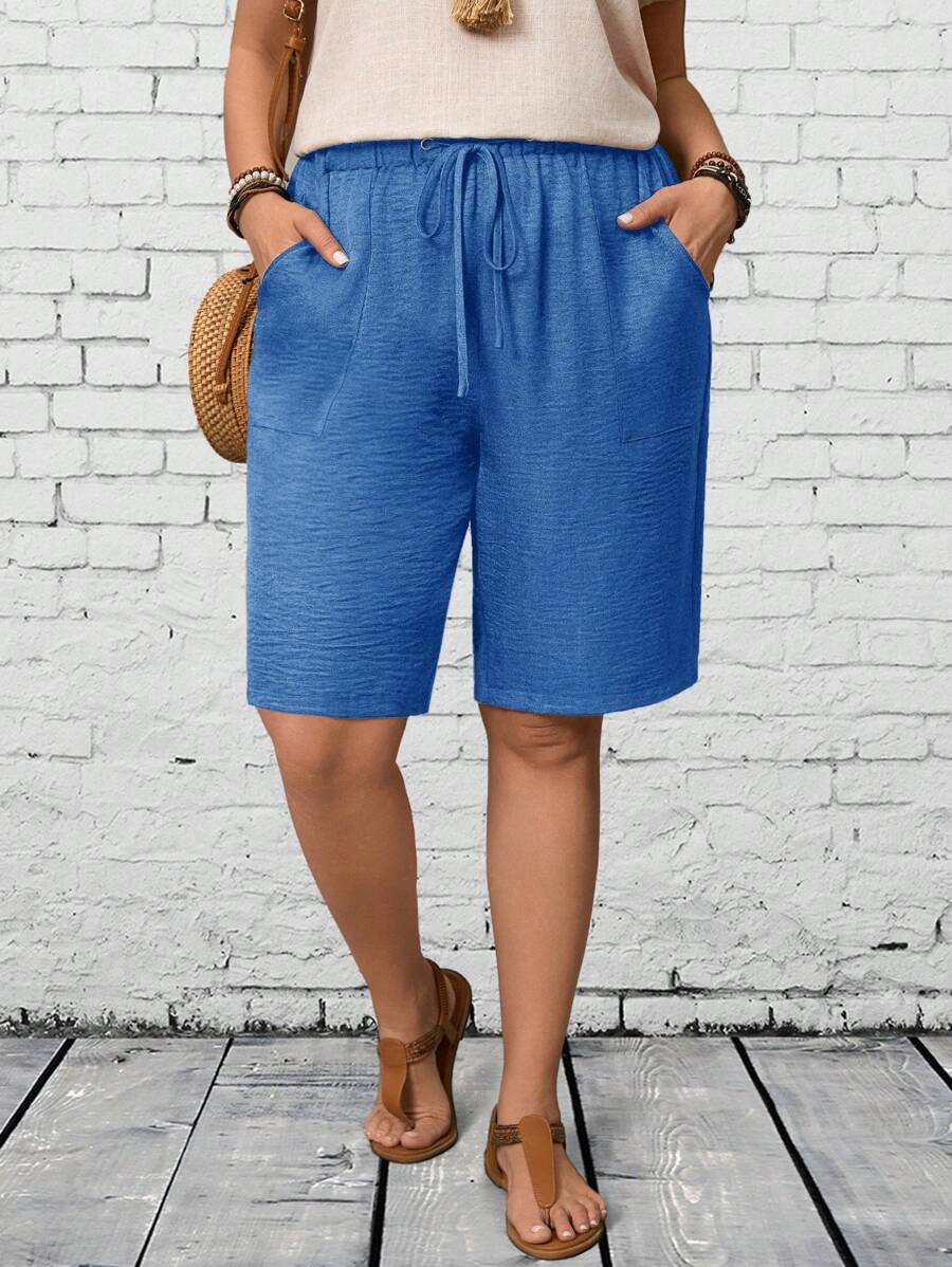 EMERY ROSE Plus Size Women Tie Waist Pockets Casual Versatile Shorts - Blue - View 1