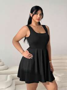 Solflare Plus Size Black Sleeveless A-Line Dress, Made Of Elastic Fabric, Spring/Summer,Graduation Dress - Black - View 4
