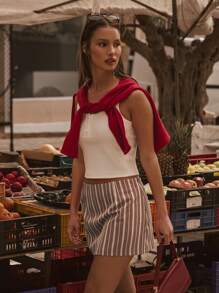 MUSERA 低腰条纹修身超短迷你裙 夏季可爱度假风 - 卡其色 - 查看 2