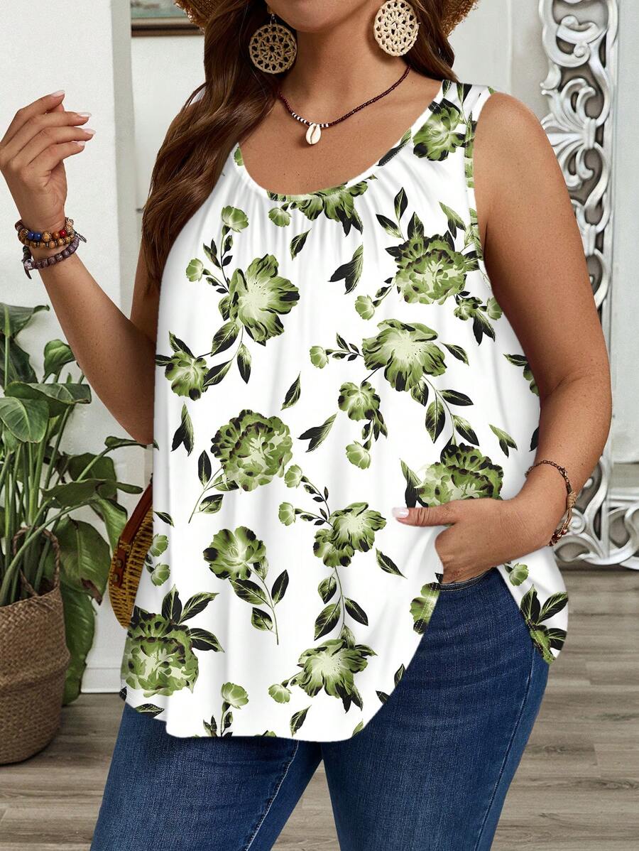 EMERY ROSE Plus Size Loose Pleated Festival Style Music Festival Mother's Day Green Floral Geometric Print Top For Spring And Summer For Women's Concert Clothing Suitable For Going Out,Flower/Vacation - Green - View 1