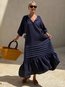 Livesso Vestido largo de lino de color liso casual de vacaciones para mujer - Neblina azul - Ver 5