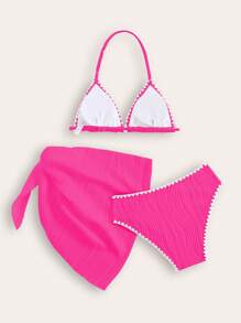 Ensemble bikini adolecente avec Top à encolure ras-du-cou et jupe séparée à ourlet torsadé avec empiècements de couleurs contrastées