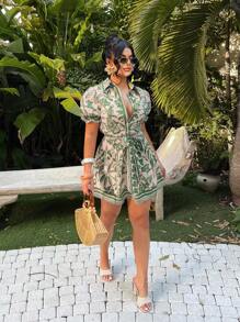 SHEIN SXY 波西米亚风单排扣系带短袖A字连衣裙，女士夏季短裙，海岛度假装，夏装，女士度假装，波西米亚风女装，女士邮轮装，女士夏威夷装，热带连衣裙，衬衫裙，伊比沙岛装 - 綠色 - 查看 5