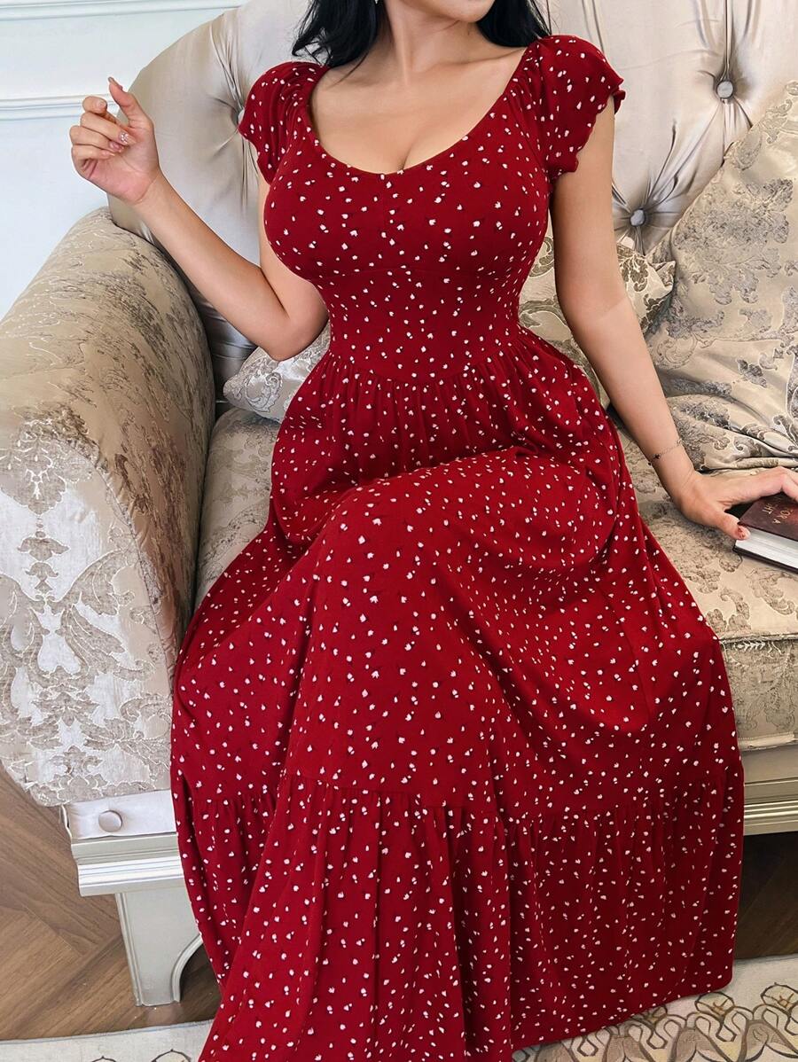 DAZY Vestido largo de punto estilo maxi con espalda descubierta y estampado floral pequeño, cinturón de cintura, vestido de pijama estilo vacaciones para mujer, color rojo, para el Día de San Valentín - Rojo - Ver 1