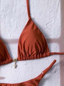 Swim Chiccia 女士夏季纯色金属吊坠首饰性感抹胸比基尼套装 - 鏽棕色 - 查看 4