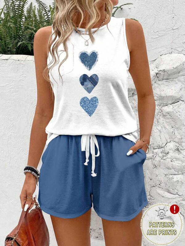 EMERY ROSE 2 pezzi Canotta e maglietta casual da donna con stampa a cuori in jeans, set adatto per l'estate