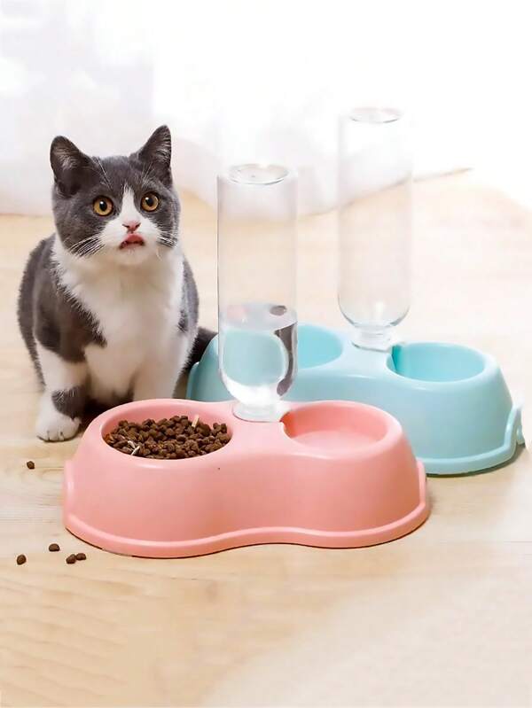 SHEIN Comedero de doble tazón para mascotas con dispensador de agua - Juego de platos de comida de plástico para gatos y perros, diseño portátil en tonos pastel, a prueba de fugas