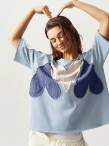 Bohemela 1 件大码休闲纯色针织短袖圆领宽松水洗 T 恤