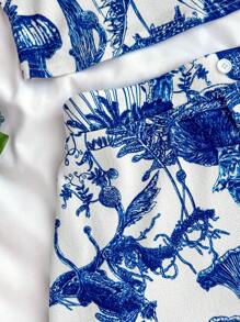 SHEIN 少女蓝白花卉针织短款上衣和短裤套装，配有合身泡泡袖，适合女孩、假日/休闲装 - 藍白色 - 查看 7