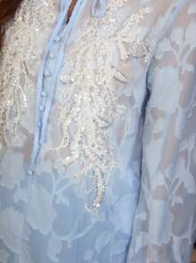 ZEYLAH 镂空花卉蕾丝边优雅长袖衬衫 - 藍色 - 查看 2