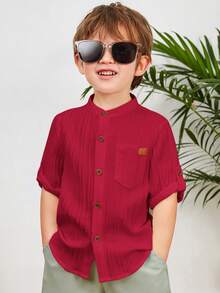 SHEIN LMoss Kids LMoss 男童休闲基本款翻领衬衫，带口袋，舒适透气 - 紅色 - 查看 3