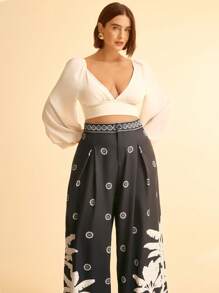 CAJUNI Plus Size Women's Tropical Banana Tree Print Loose Wide Leg Extra Long Pants, Casual And Vacation Style