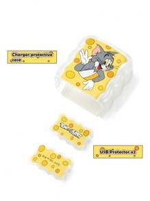 TOM & JERRY X SHEIN Bộ 3 vỏ bảo vệ cáp điện thoại và cáp sạc hình mèo và chuột hoạt hình, tương thích với bộ sạc , họa tiết pho mát dễ thương, họa tiết hình pho mát. - Trong sáng - Xem 4