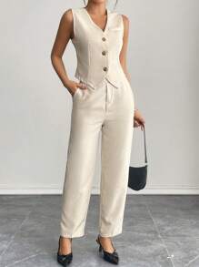 SHEIN PETITE Casual Sleeveless Open Front Vest & Long Pants Set Office Outfits For Women Business Women Attire In Fall/Winter