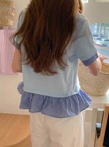 DAZY Maglietta estiva casual a girocollo a maniche corte da donna, in patchwork a quadri, crop top, carina e aderente