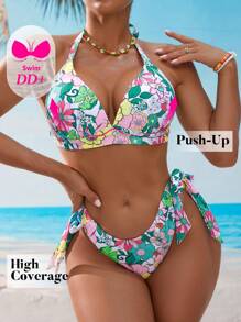 Swim DD+ Women's Summer Beach Floral Print Halter Neck Bikini Set