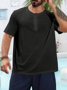 Manfinity RSRT Áo thun tay ngắn cài nút Henley trơn cỡ lớn cho nam, mùa hè - màu đen - Xem 4
