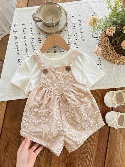 SHEIN LMoss Kids 女婴提花面料纯色连体衣