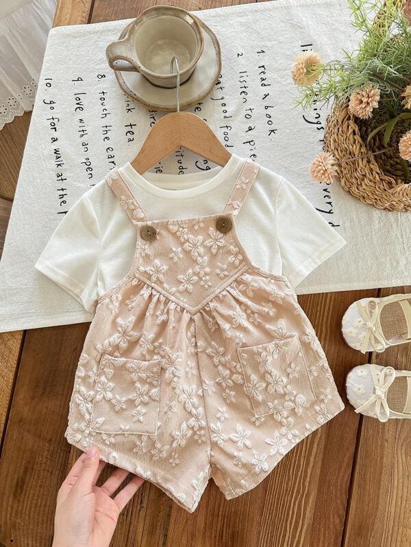SHEIN LMoss Kids Baby Girl Jacquard Fabric Solid Color Jumpsuit