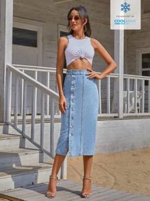 Selenza Solid Color Front Button Straight Elegant Denim Midi Skirt - Light Wash - View 7