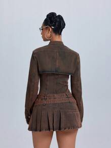 Jeanoix 女式复古水洗做旧性感短款长袖露肩牛仔夹克 - 紅色 - 查看 2