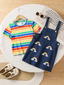 SHEIN 2 Stücke/Set Kleine Mädchen Süß Lässig Sport Gestreiftes Rundhals T-Shirt + Jeansträgerrock Outfit - Verschiedenfarbig - Übersicht 1