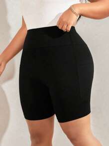 SHEIN CURVE+ Plus Size High Waist Double Pocket Leisure Sports Comfortable Leggings - Black - View 2