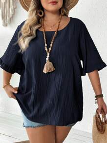 SHEIN CURVE+ Women Plus Size Khaki Blouse, Ruffled Short Sleeve Loose Hem Casual Holiday Beach Outfits For Woman/Beach /Beach Vacation Outfits/Beach Essentials / Graduation/Tea Party  Summer/Country/Beach Vacation Outfits/Beach Outfits/Beach Wear - Navy Blue - View 7