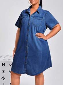 SHEIN SXY Plus Size Autumn Casual Front Button Denim Dress - Medium Wash - View 4