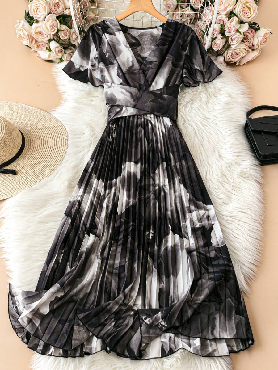 Breezaya Technology-Inspired Large Floral Print V-Neck Dress With Ruffle Sleeves, Bowknot Belt, And Pleated Dress, For Tall Women, Summer Maxi Women Outfit