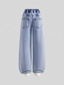 Sparklyn 女童蝴蝶结直筒牛仔裤，春季新款少女长裤，四季女童休闲阔腿裤，少女 - 淺色水洗藍 - 查看 2