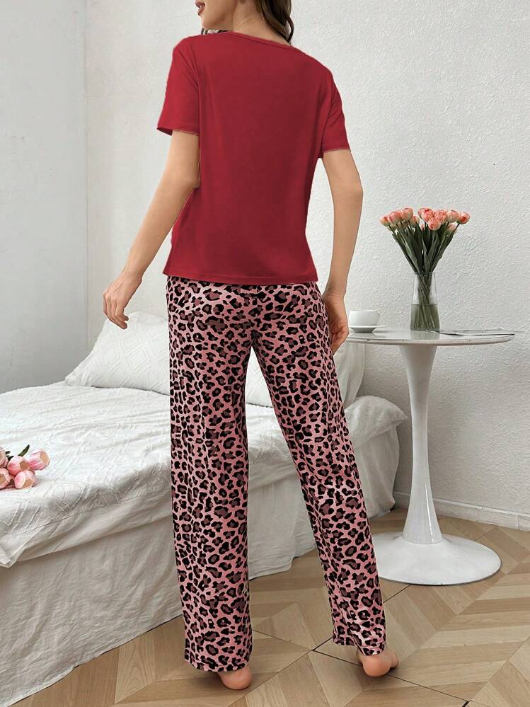 Leopard Print Bow Decor Short Sleeve & Long Pants Women Pajama Sets - Multicolor - View 2
