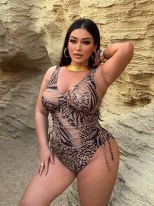 Swim SXY Ensemble de maillot de bain tankini à capuche à cordon de serrage imprimé léopard pour femmes grande taille